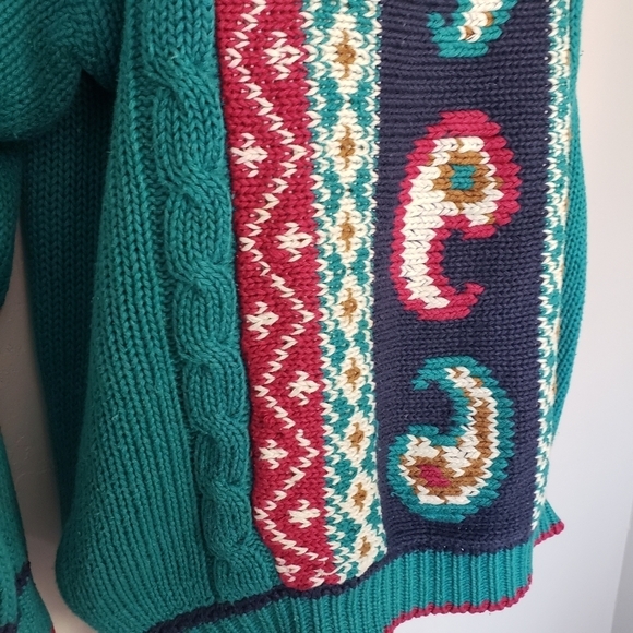 Vintage AJ Brandon Paisley Pullover Sweater Medium Teal Green Navy Boho Whimsy - Picture 4 of 6